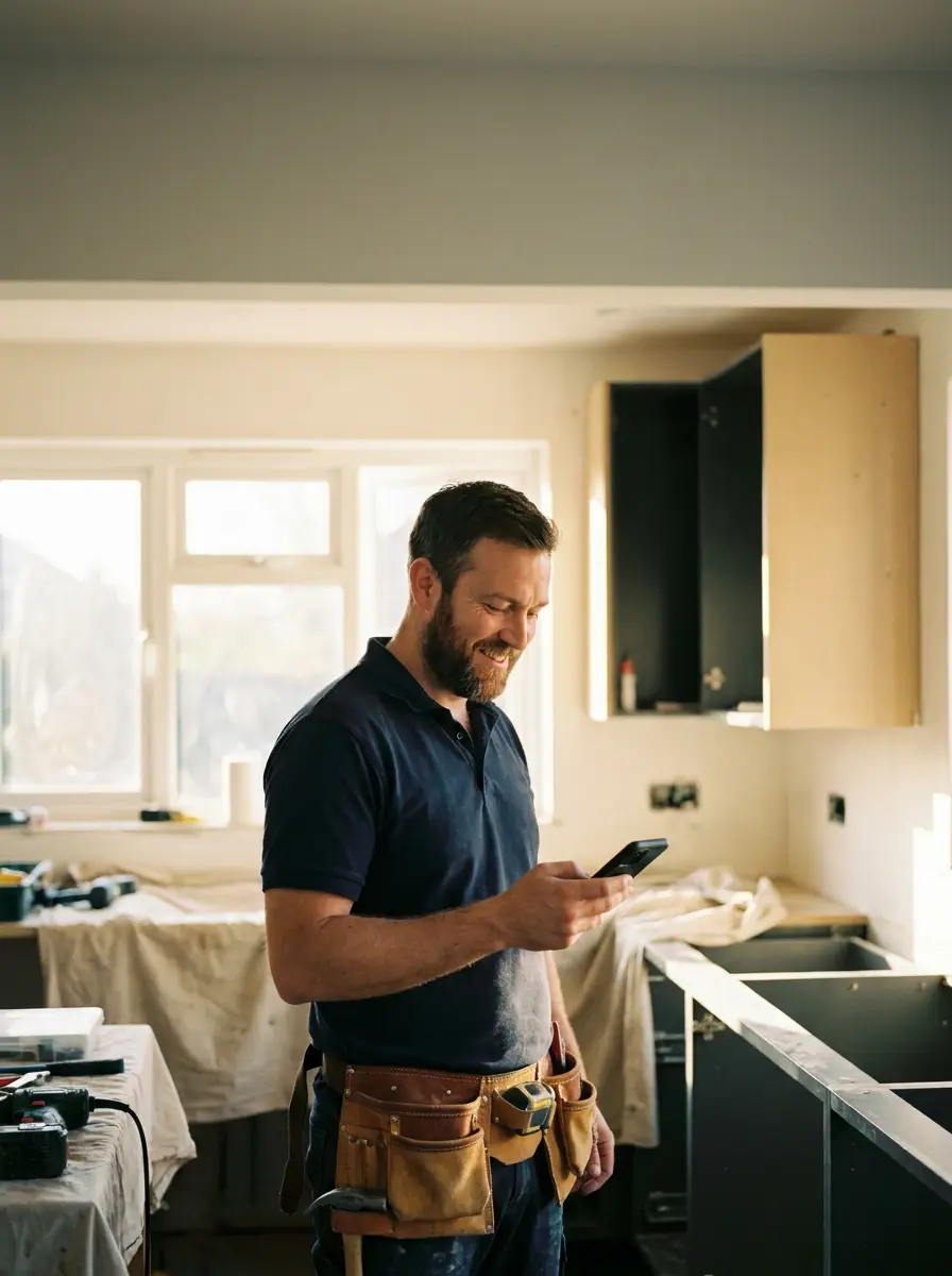 A tradesperson on a job, phone handled by BeMe